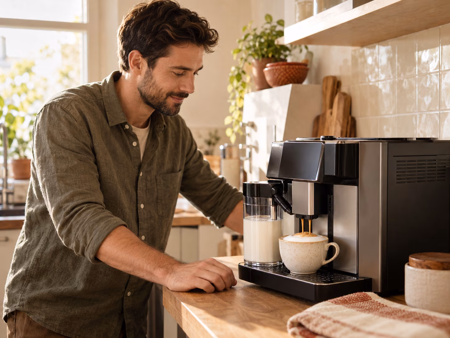 Cappuccino bereiden in een warme keuken