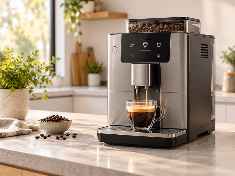 A bean-to-cup coffee machine with a bean hopper on a kitchen counter.