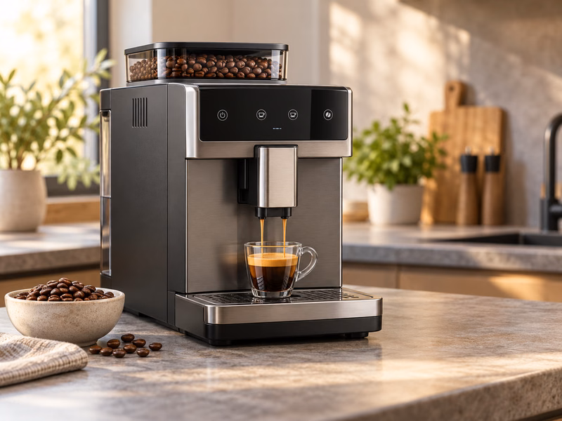 A bean-to-cup coffee machine with a bean hopper on a kitchen counter.