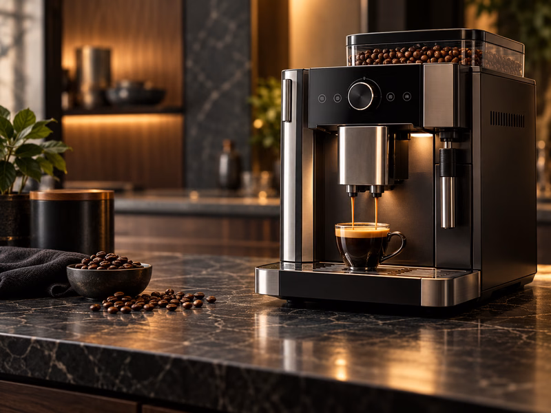 A bean-to-cup coffee machine with a bean hopper on a kitchen counter.