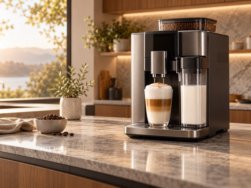 A bean-to-cup coffee machine beside milk and a milk coffee drink.
