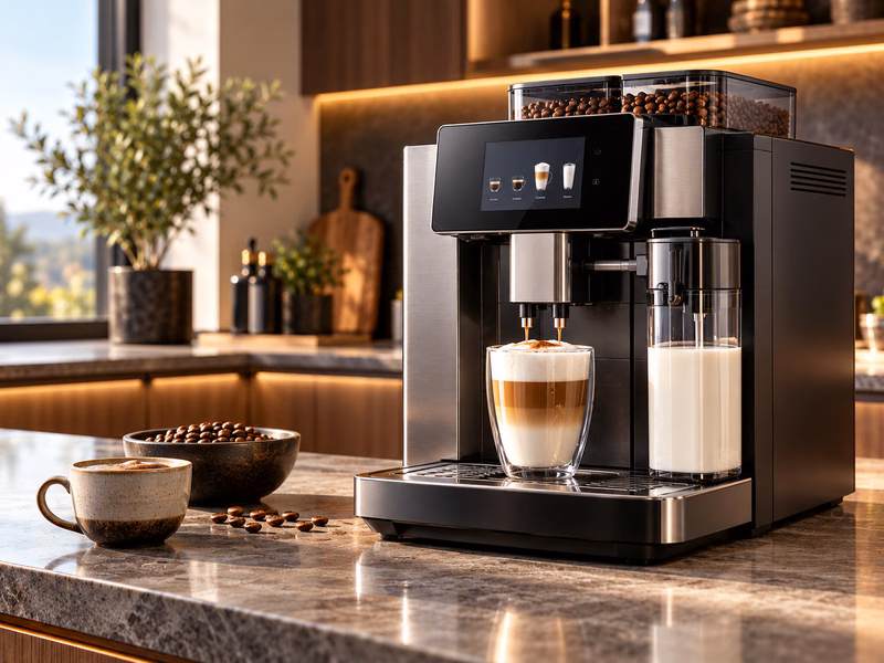 A bean-to-cup coffee machine with a bean hopper on a kitchen counter.