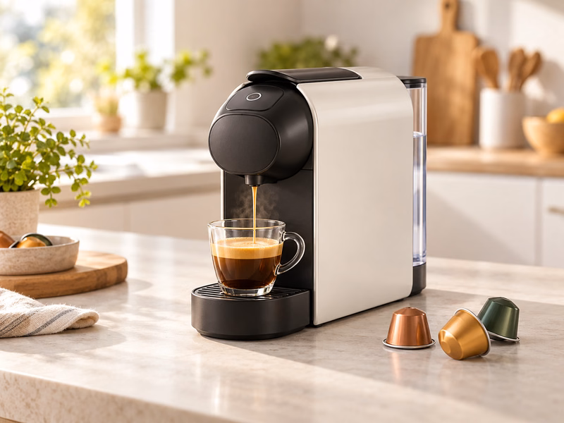 A capsule coffee machine on a kitchen counter with coffee and capsules.
