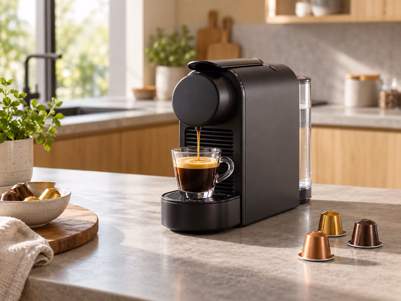 A capsule coffee machine on a kitchen counter with coffee and capsules.