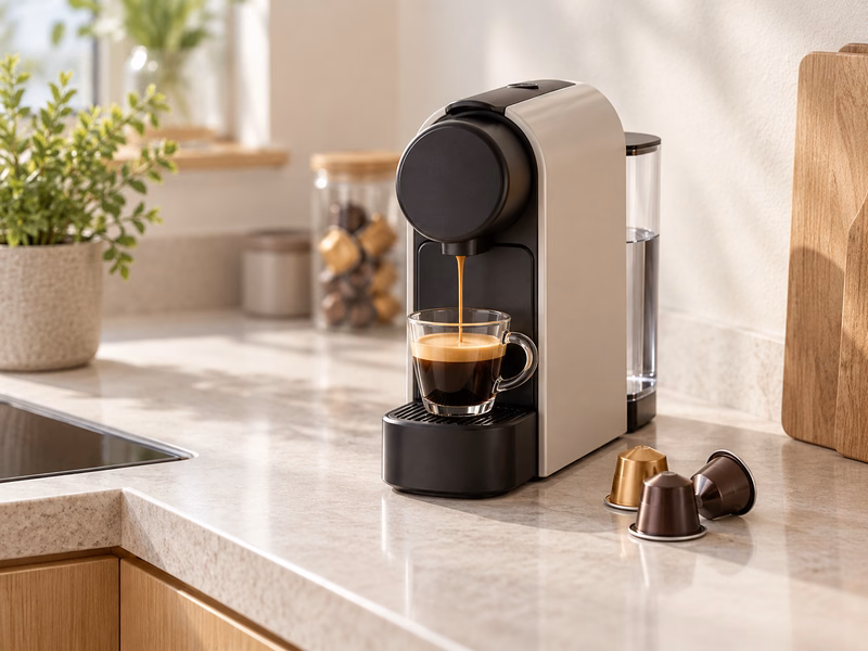 A capsule coffee machine on a kitchen counter with coffee and capsules.