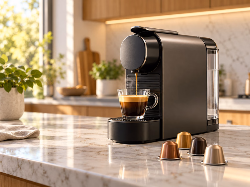 A capsule coffee machine on a kitchen counter with coffee and capsules.