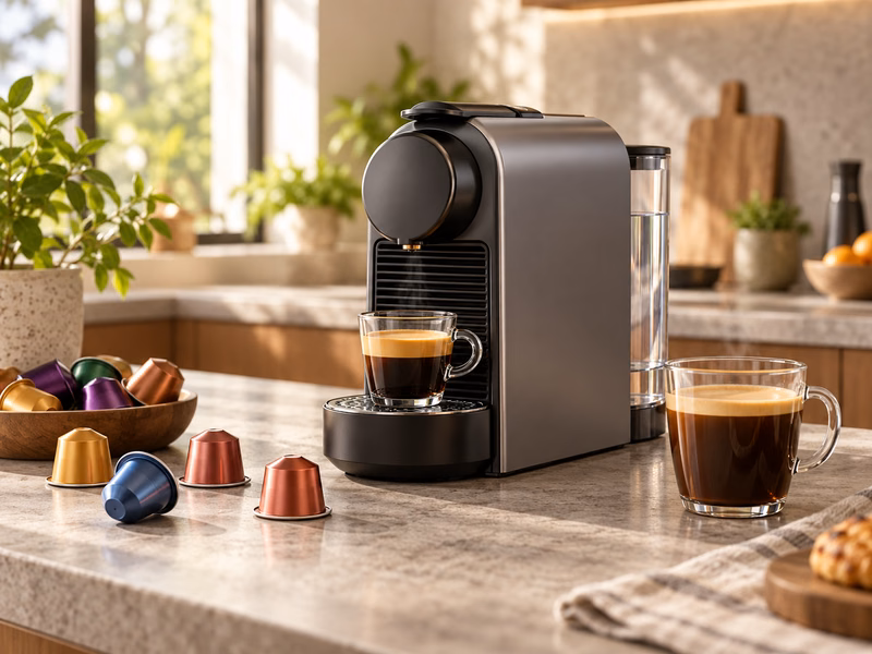 A capsule coffee machine on a kitchen counter with coffee and capsules.
