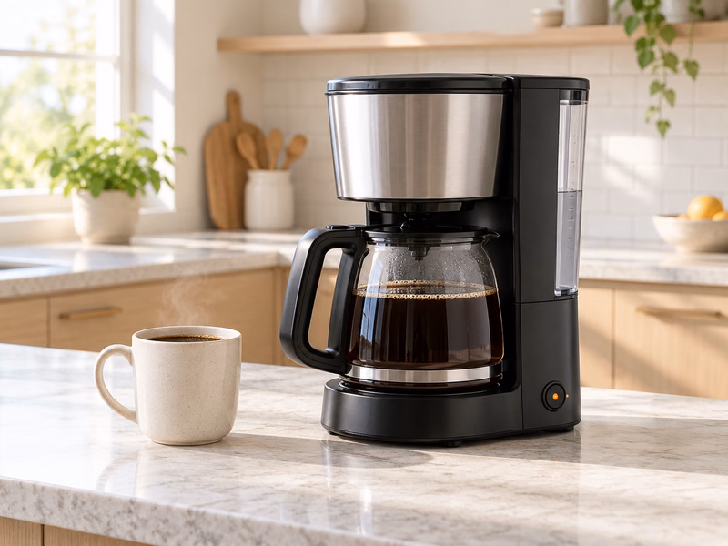 A filter coffee maker with a carafe on a kitchen counter.
