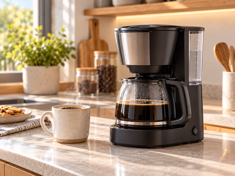 A filter coffee maker with a carafe on a kitchen counter.