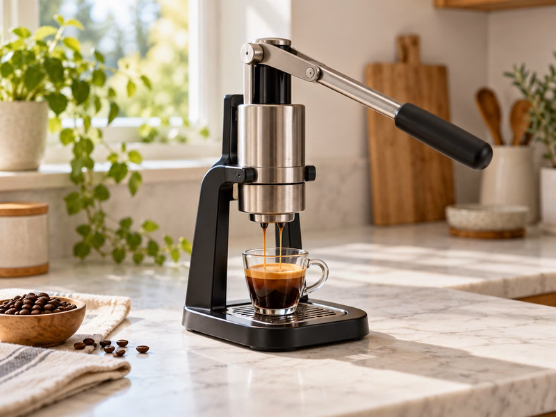 A manual espresso maker with coffee and preparation tools.