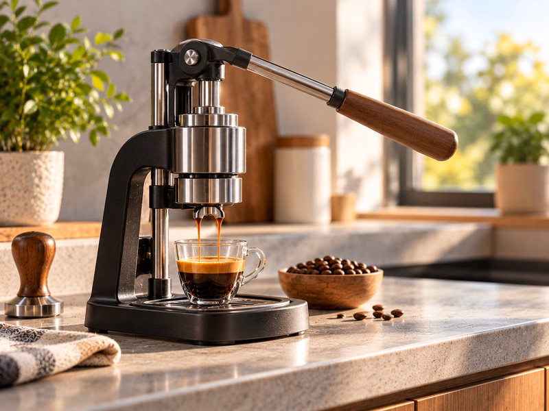 A manual espresso maker with coffee and preparation tools.