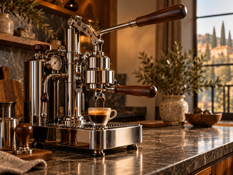 A manual espresso maker with coffee and preparation tools.