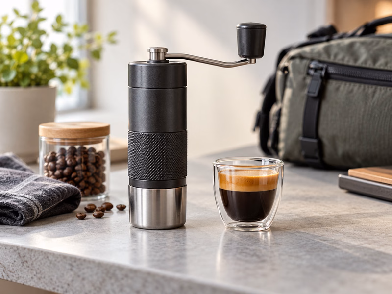 A portable espresso maker with a glass of coffee and a backpack.