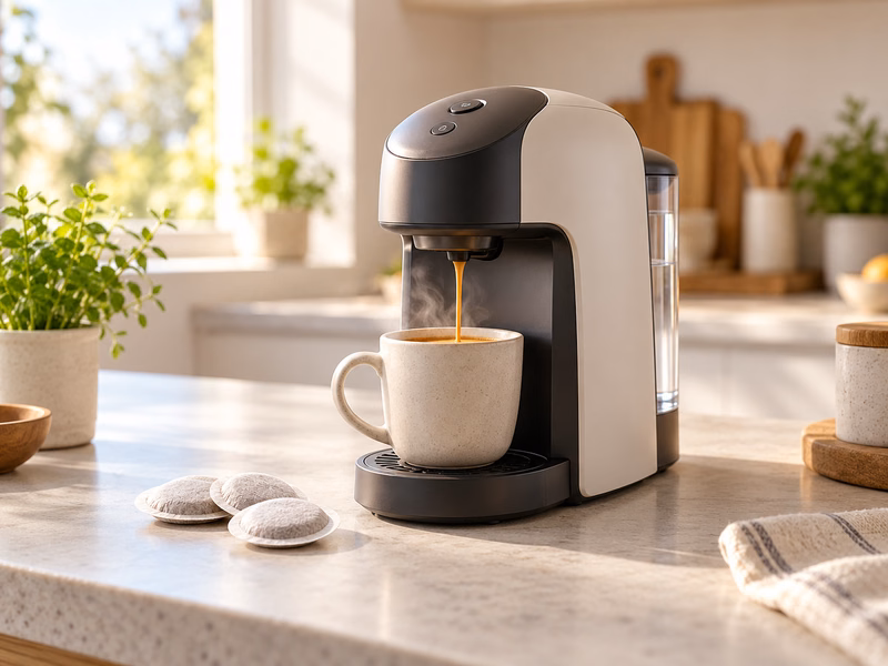 A soft-pod coffee machine on a kitchen counter with a cup of coffee.