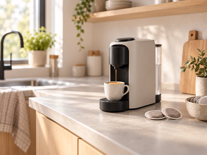 A soft-pod coffee machine on a kitchen counter with a cup of coffee.