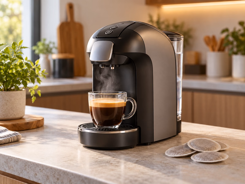 Padmachine op een keukenwerkblad met een kop koffie.