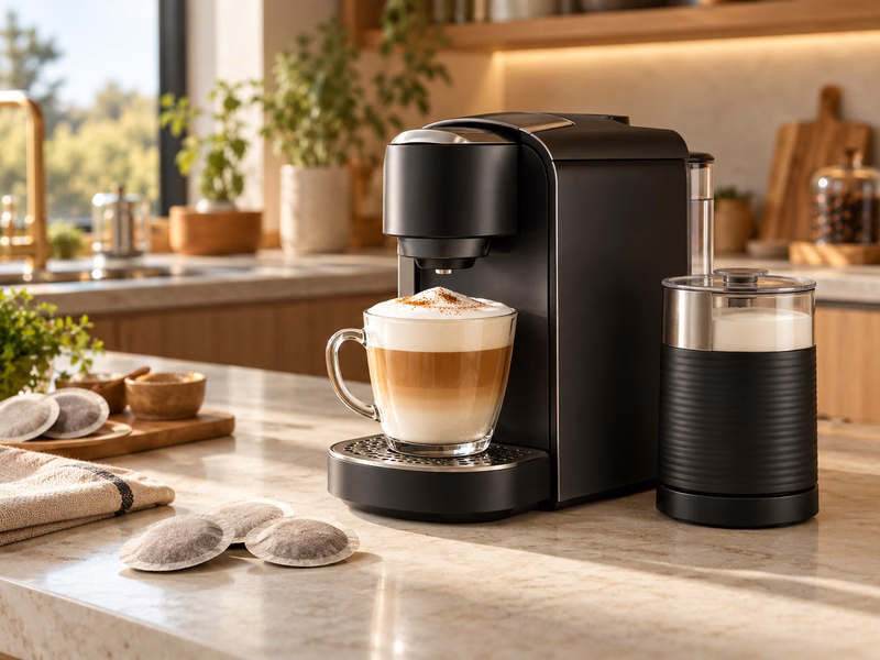 A soft-pod coffee machine on a kitchen counter with a cup of coffee.