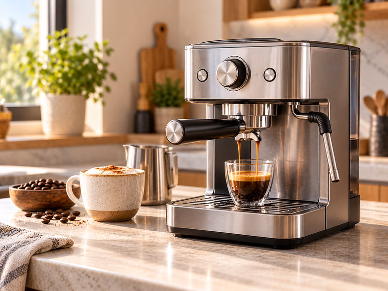 A semi-automatic espresso machine with a portafilter on a kitchen counter.