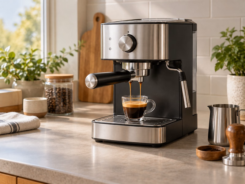 A semi-automatic espresso machine with a portafilter on a kitchen counter.