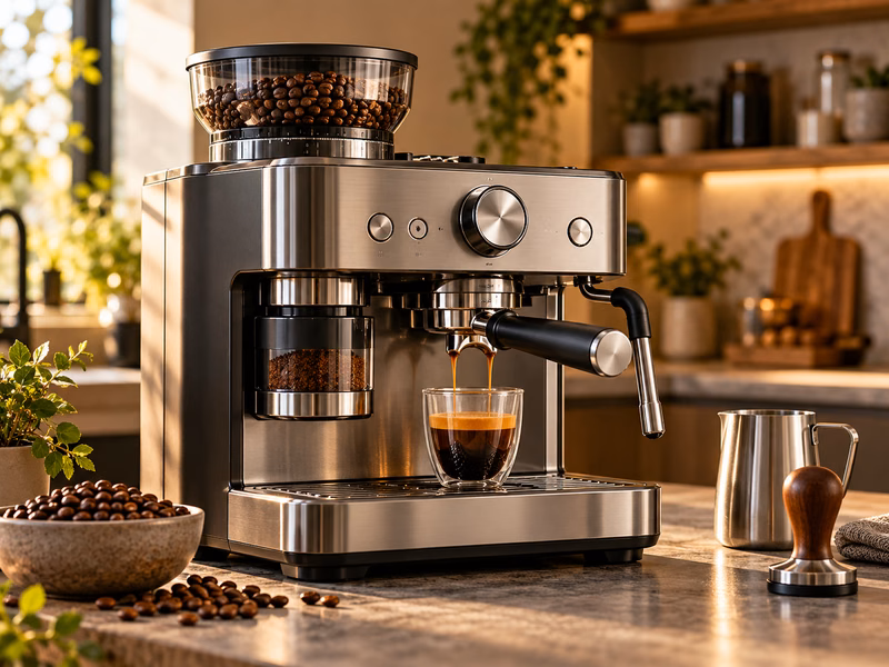 A semi-automatic espresso machine with a portafilter on a kitchen counter.