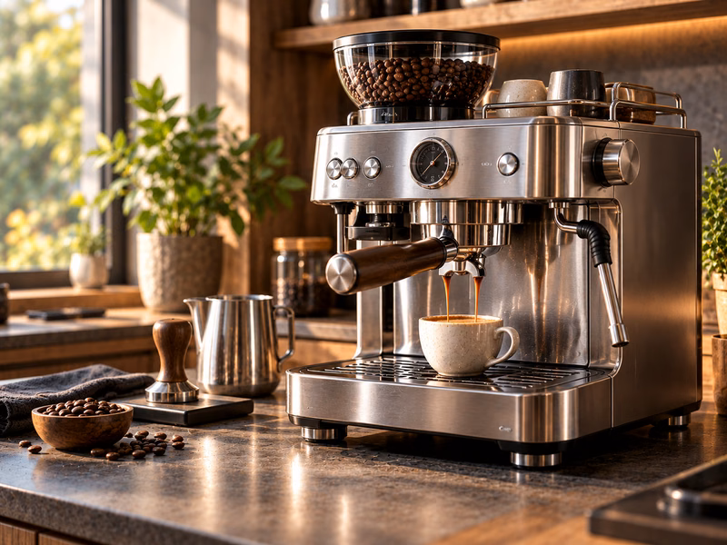 A semi-automatic espresso machine with a portafilter on a kitchen counter.