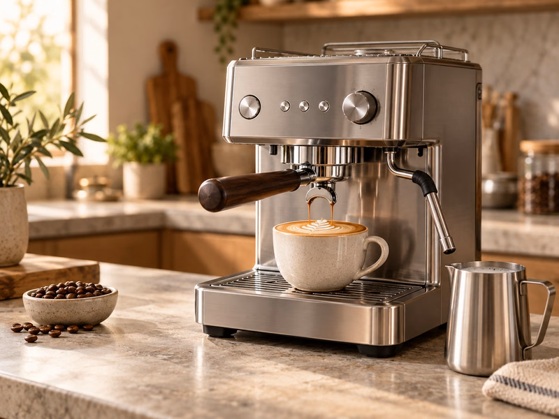 A semi-automatic espresso machine with a portafilter on a kitchen counter.